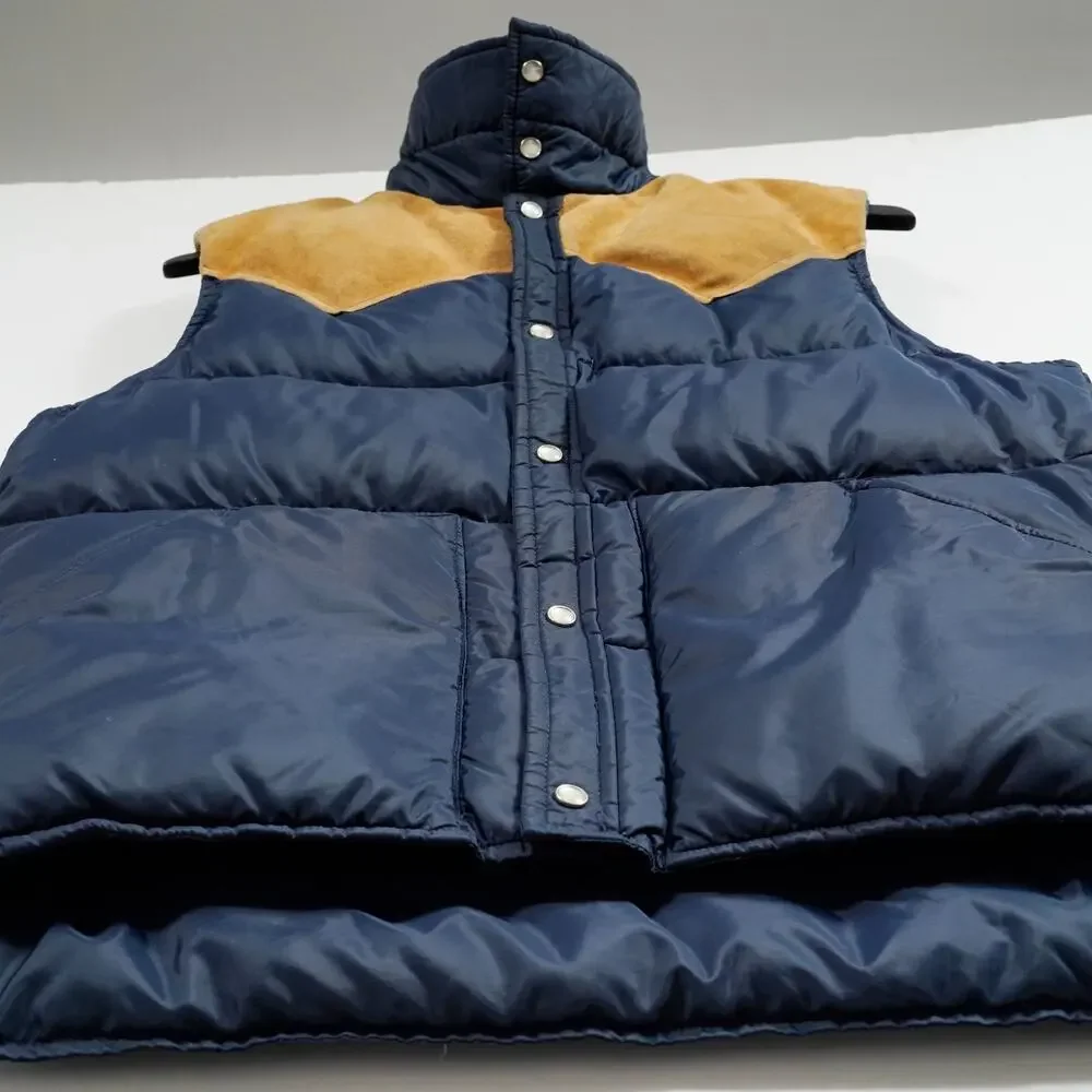 Vintage Woolrich Down Puffer Vest Suede Yoke Navy Brown Men’s Medium - Picture 11 of 11